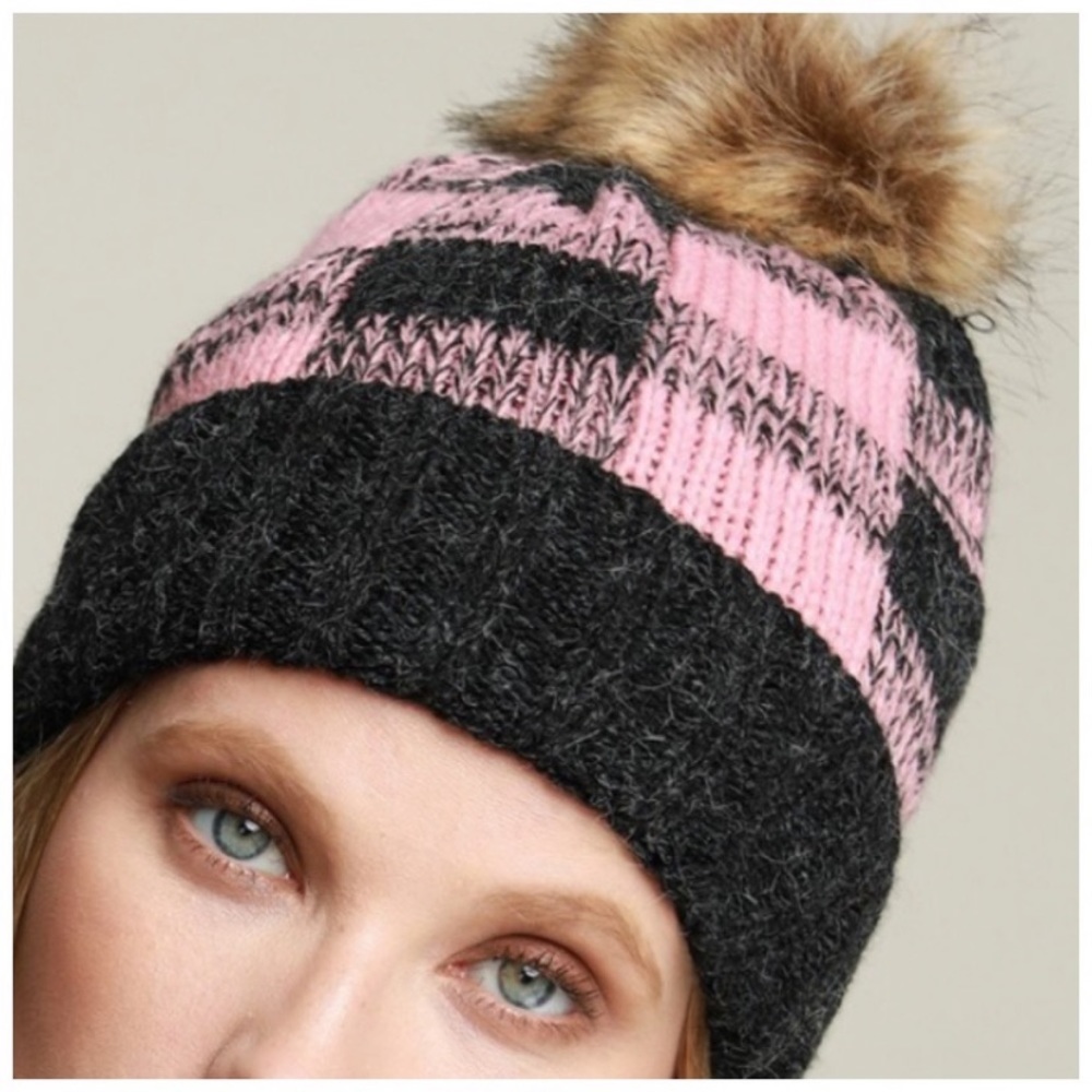 FUR LINED | Pink buffalo plaid faux fur pom beanie